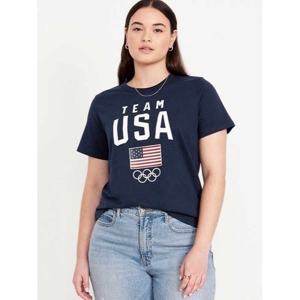 Team USA Navy Blue T-shirt Olympic Rings and American Flag Graphic Size XL